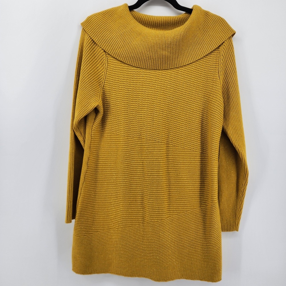 Alfani Petite Medium Gold Metallic‎ Ribbed Cowl Neck Long Sleeve Sweater Tunic